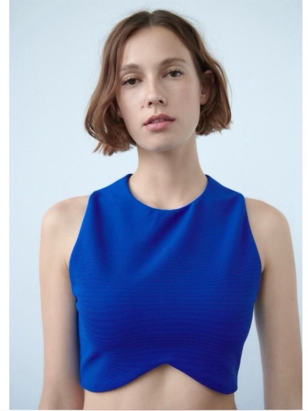 ZARA Royal Blue Asymmetric Hem Ribbed Crop Top Size Small